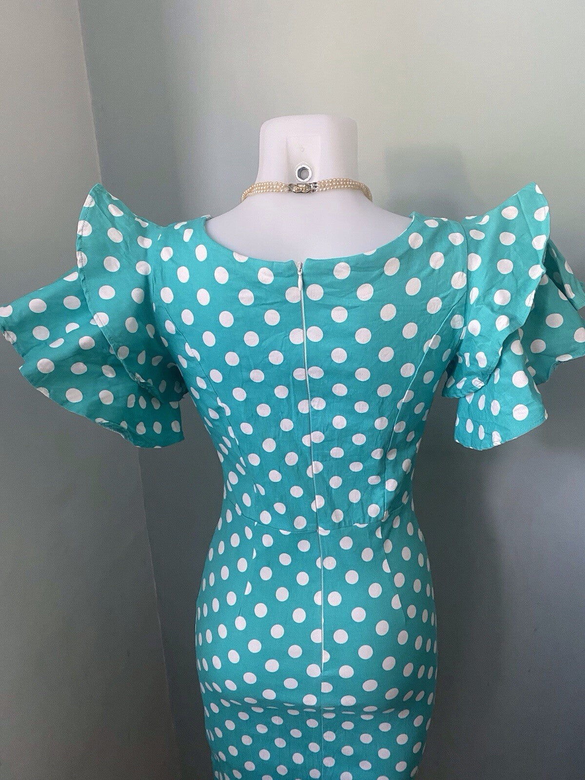 Sisjuly Turquoise Polka Dot Pencil Dress Ruffle Sleeve Vintage 40s 50s Rockabilly 8