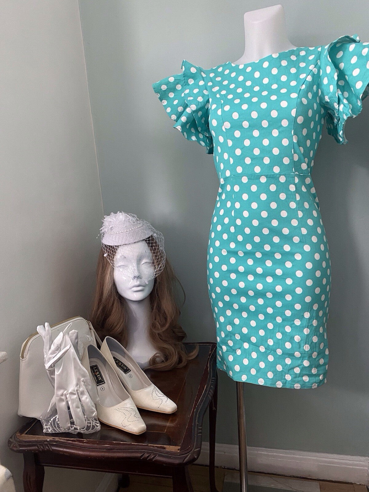 Sisjuly Turquoise Polka Dot Pencil Dress Ruffle Sleeve Vintage 40s 50s Rockabilly 8