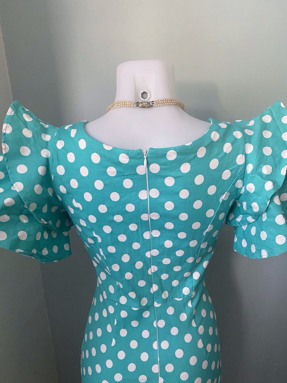 Sisjuly Turquoise Polka Dot Pencil Dress Ruffle Sleeve Vintage 40s 50s Rockabilly 8