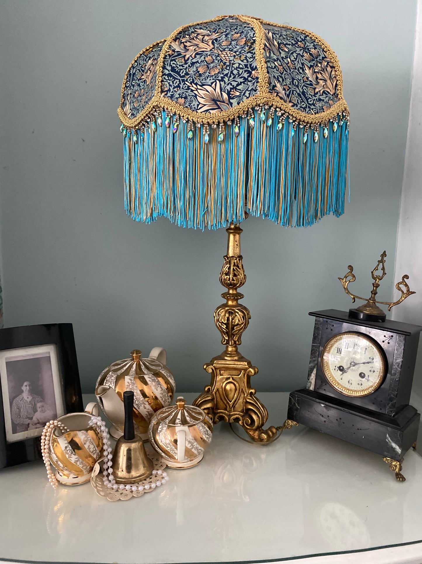 Art Deco fringed lampshade William Morris  Snakes-head in  Turquoise
