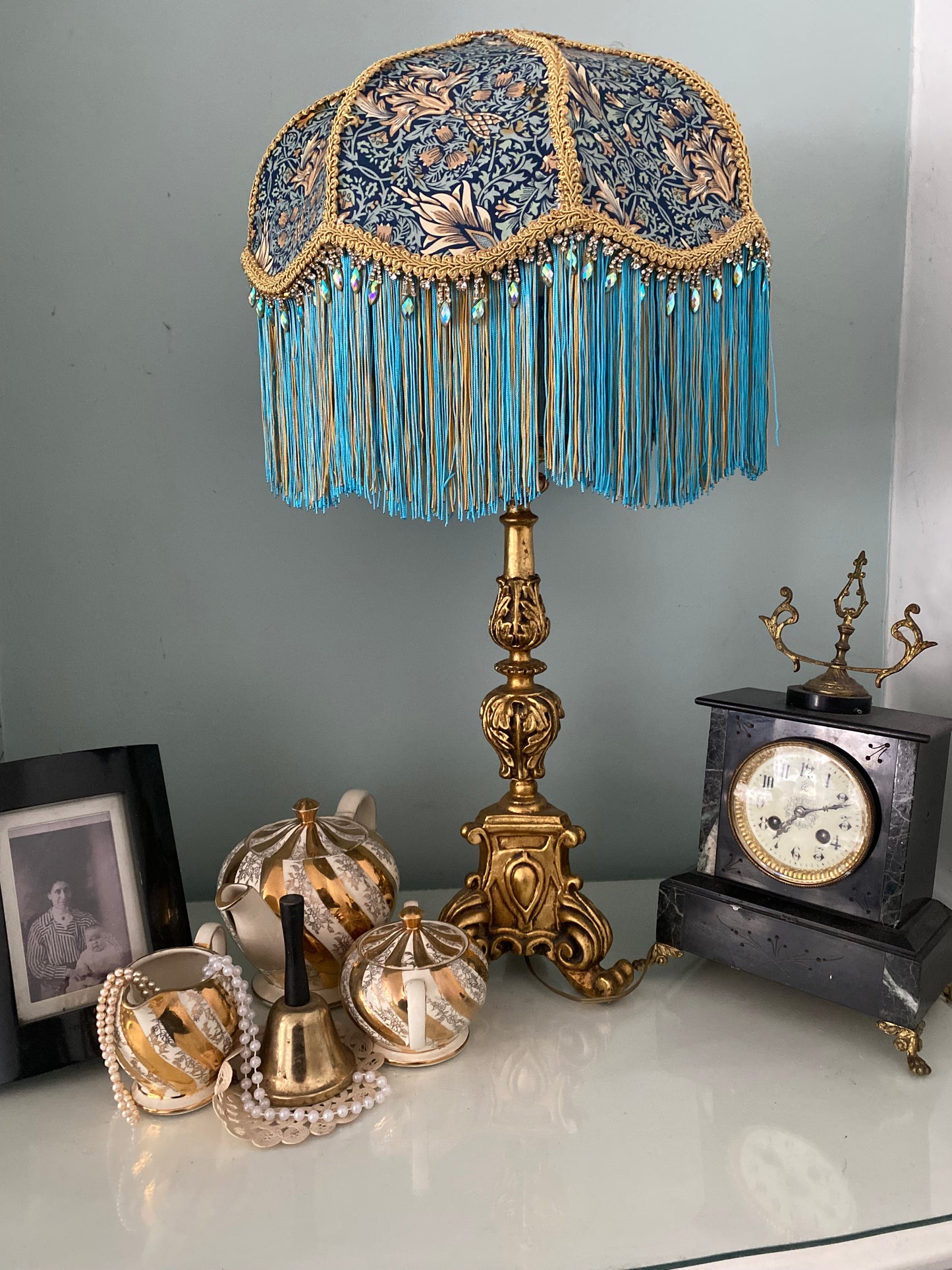 Art Deco fringed lampshade William Morris  Snakes-head in  Turquoise