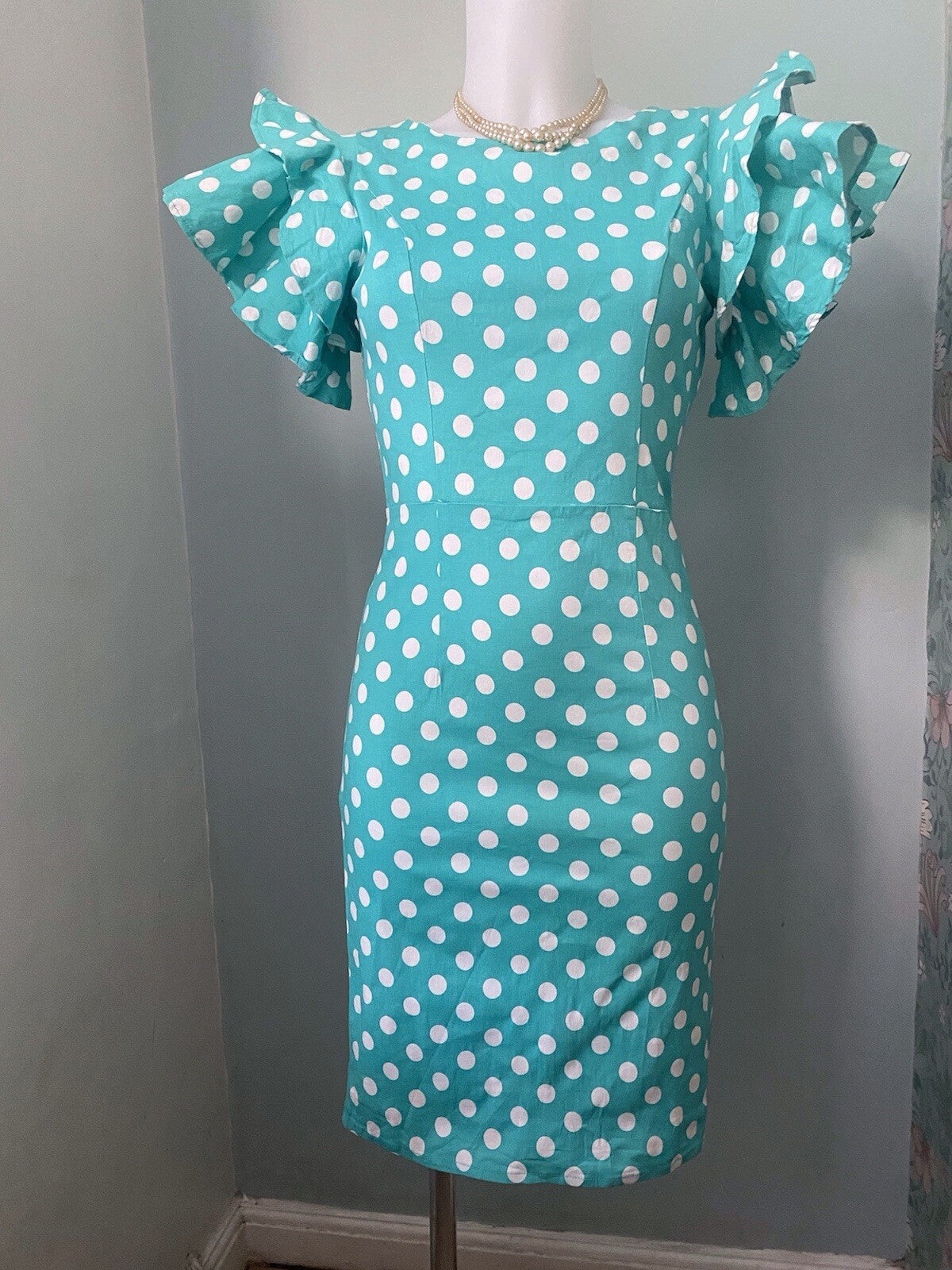 Sisjuly Turquoise Polka Dot Pencil Dress Ruffle Sleeve Vintage 40s 50s Rockabilly 8