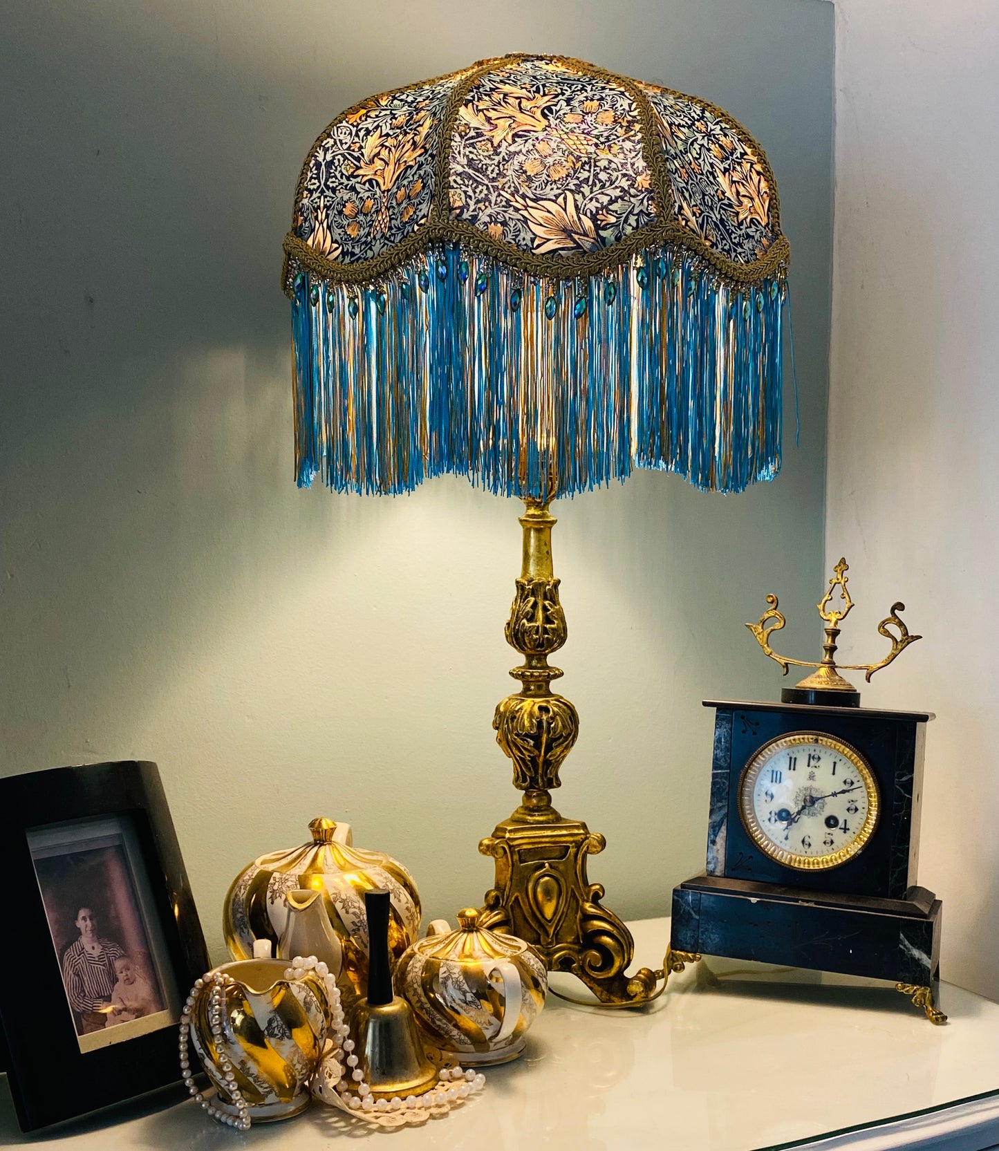 Art Deco fringed lampshade William Morris  Snakes-head in  Turquoise