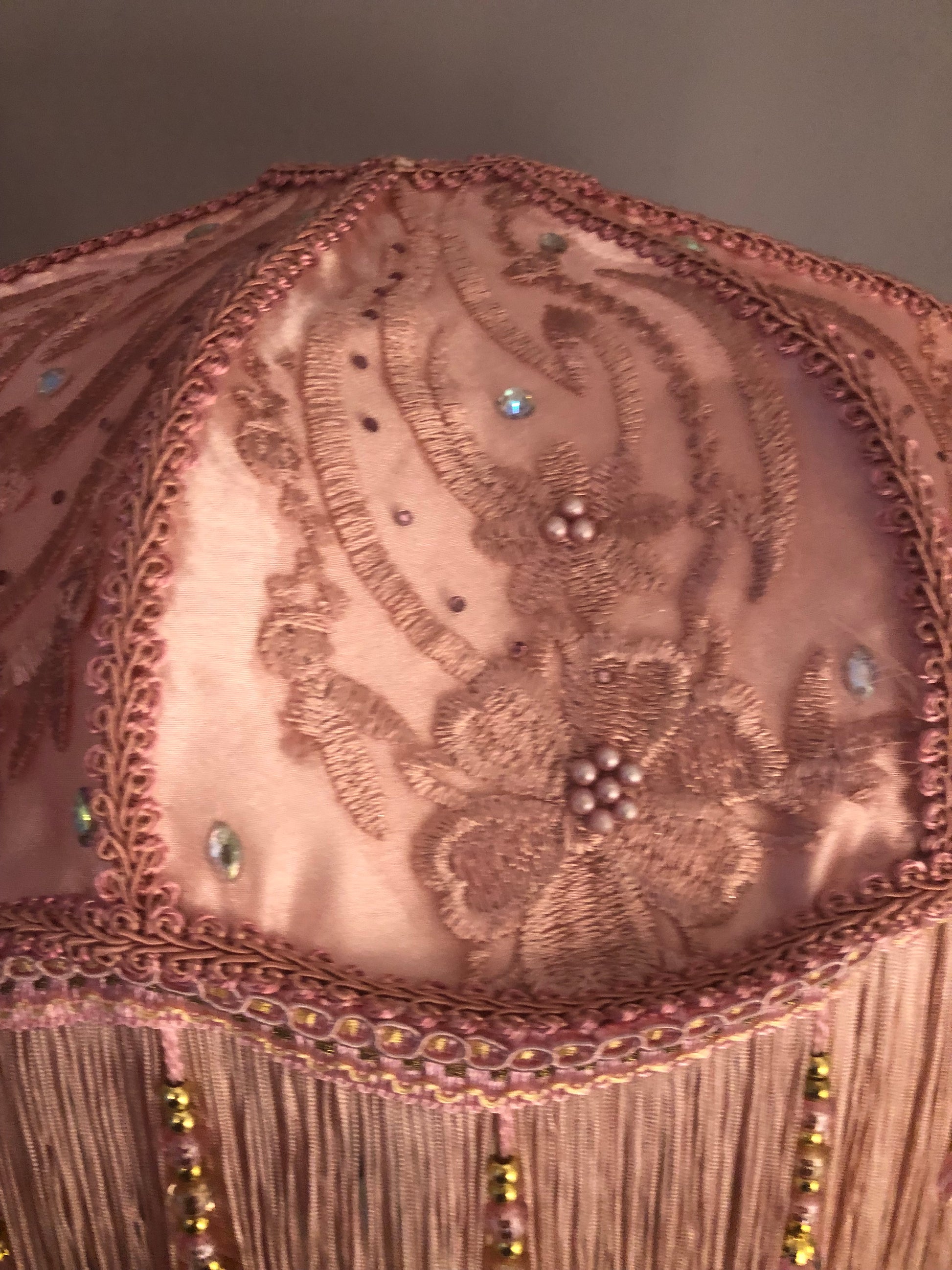 Close-up of floral silk overlay – “Detailed close-up of pink floral silk overlay on a Victorian lampshade, decorated with shimmering diamantes – handcrafted vintage textile art.”