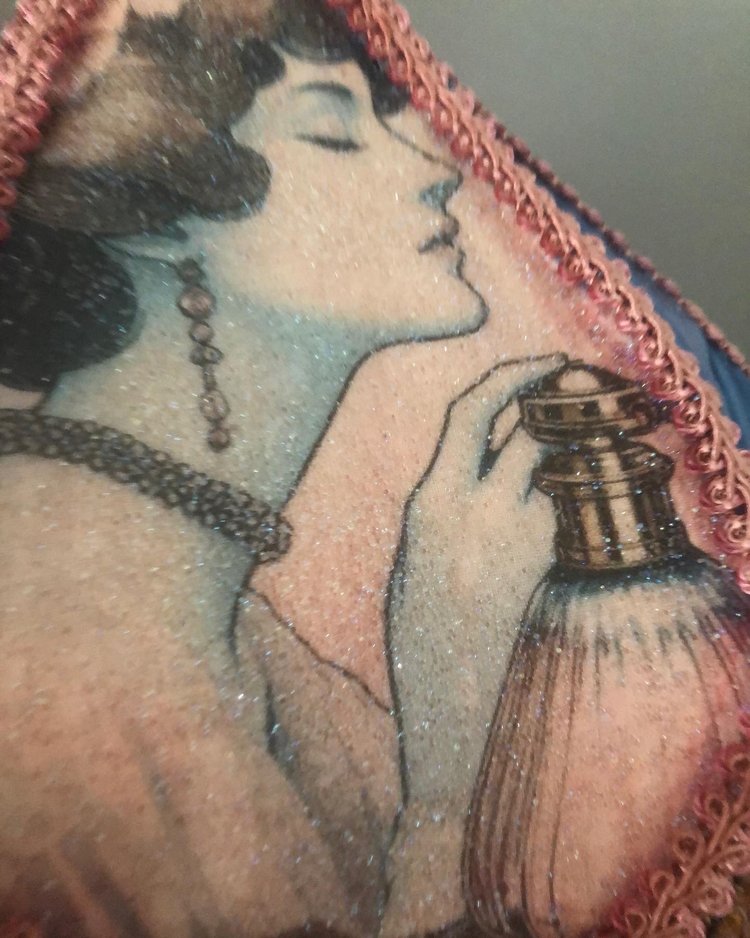 Lifestyle / styled angle – “Victorian pink silk tulip lampshade with lace and chiffon panels, blue beaded fringe, and Edwardian powder room lady image – romantic vintage lighting décor.”