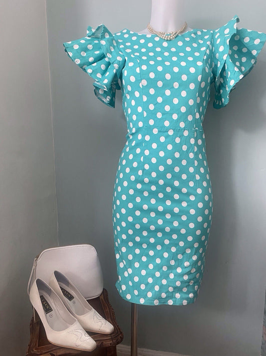 Sisjuly Turquoise Polka Dot Pencil Dress Ruffle Sleeve Vintage 40s 50s Rockabilly 8