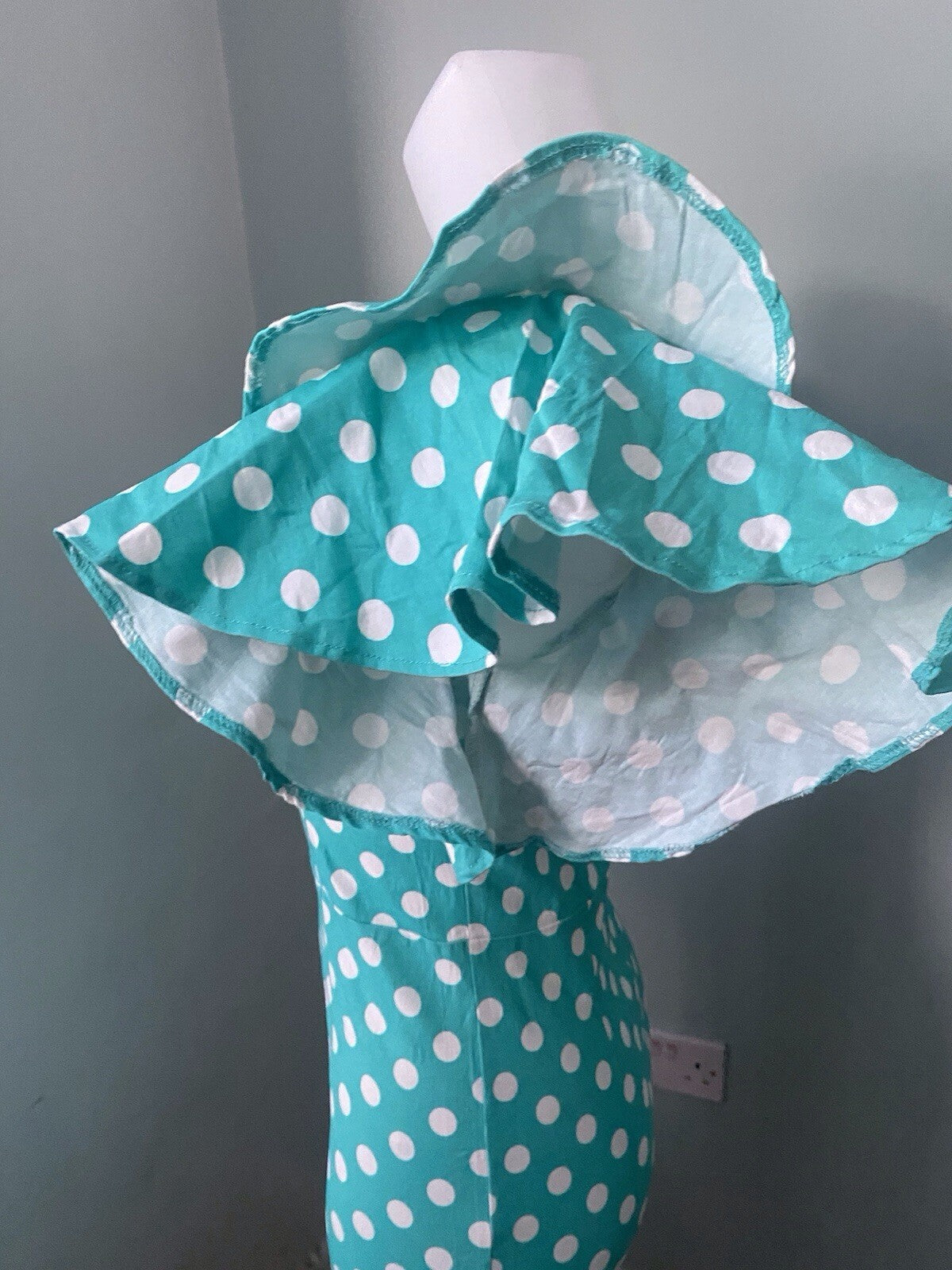 Sisjuly Turquoise Polka Dot Pencil Dress Ruffle Sleeve Vintage 40s 50s Rockabilly 8
