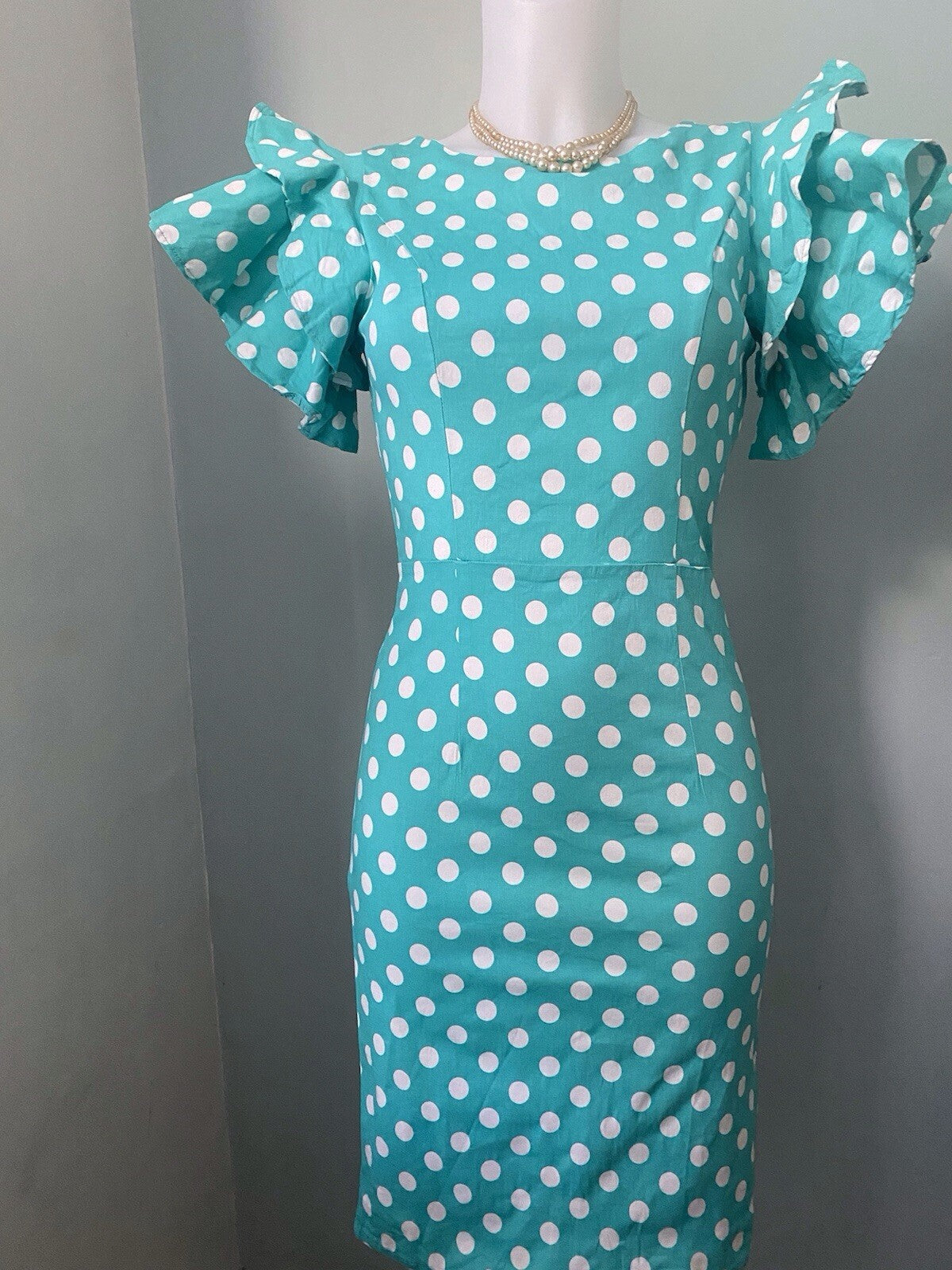 Sisjuly Turquoise Polka Dot Pencil Dress Ruffle Sleeve Vintage 40s 50s Rockabilly 8