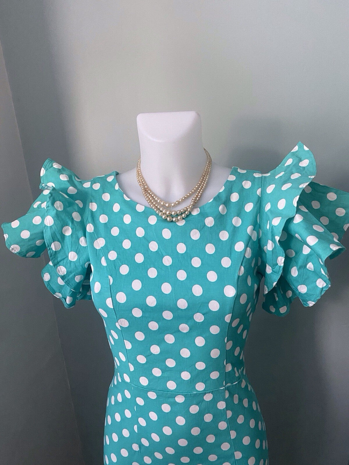 Sisjuly Turquoise Polka Dot Pencil Dress Ruffle Sleeve Vintage 40s 50s Rockabilly 8