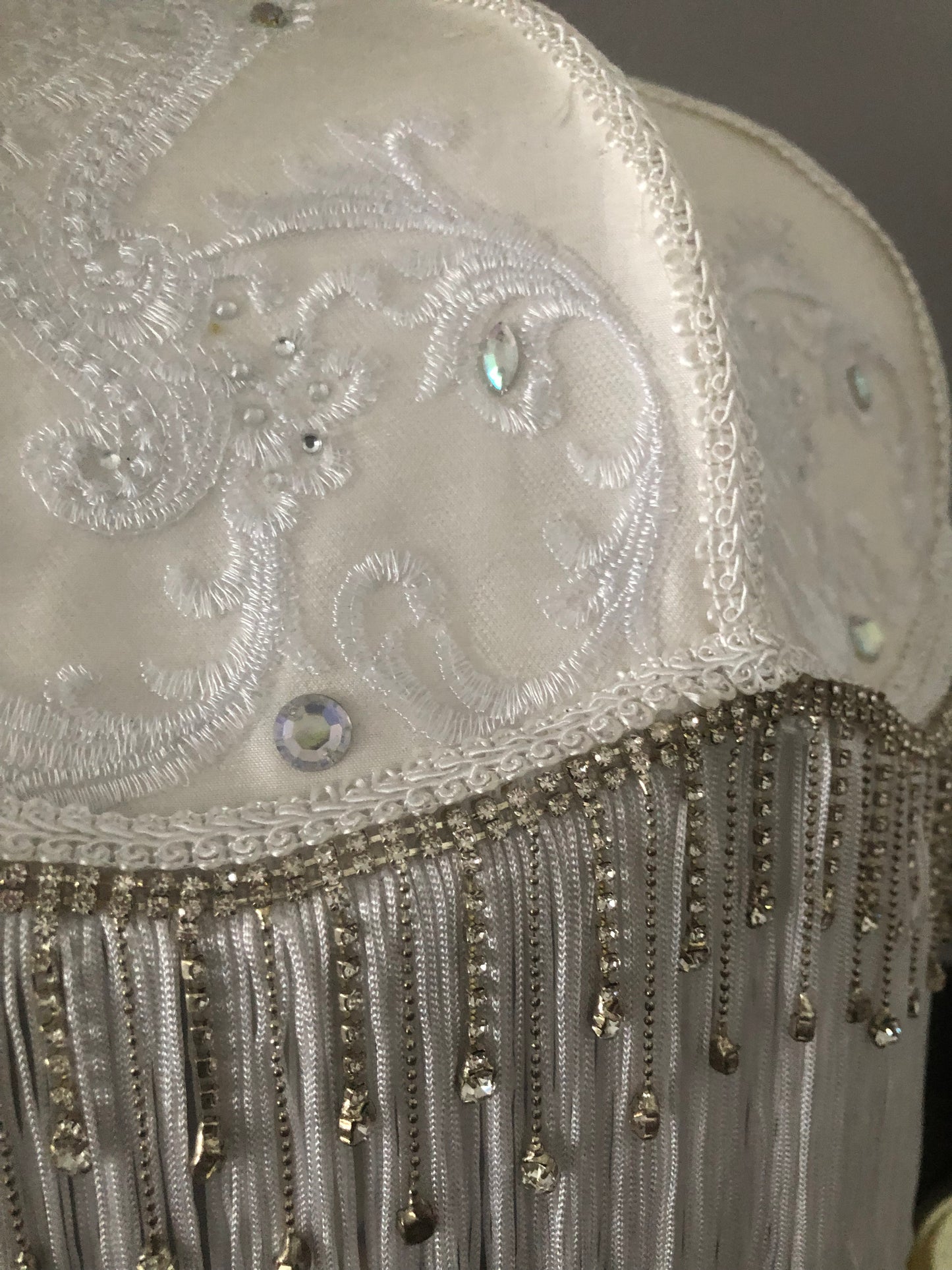 Antique-style Victorian silk lampshade in white, with delicate lace, sparkling diamante trim, and soft fringe – perfect for classic interior design.Lace close up