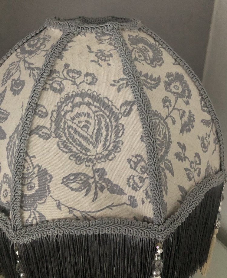 victorian fringed lampshade  dome shaped close up of toile fabric