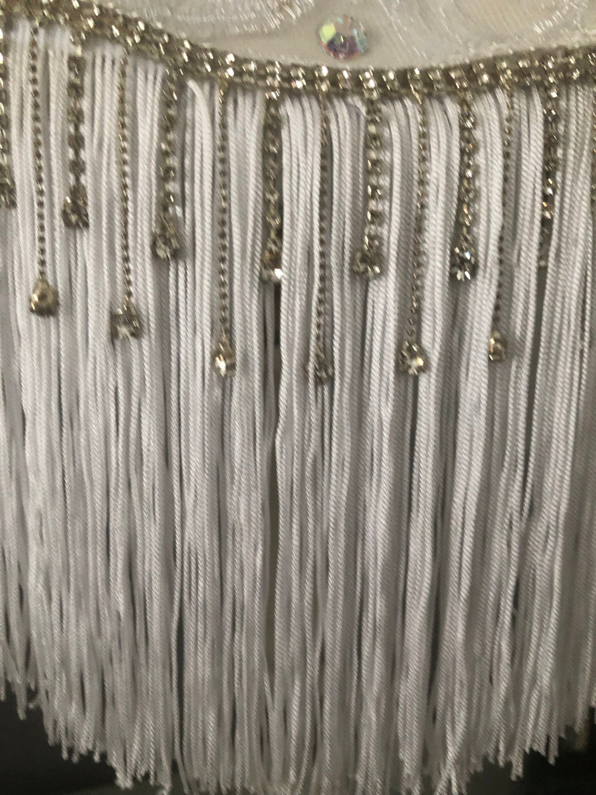 Close-up of fringe – “White fringe with shimmering diamante trim on a Victorian silk lampshade – handcrafted antique-inspired lamp detail.”